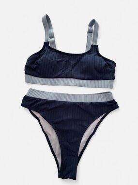 Ribbed Two-Piece Bikini Set in Navy with Light Blue Trim